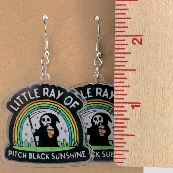 “Little Ray Of Pitch Black Sunshine” Fun 2D Acrylic Dangle Earrings Fashion - Picture 2 of 3